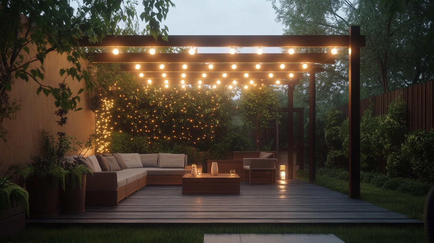 Backyard patio with dreamy string light canopy