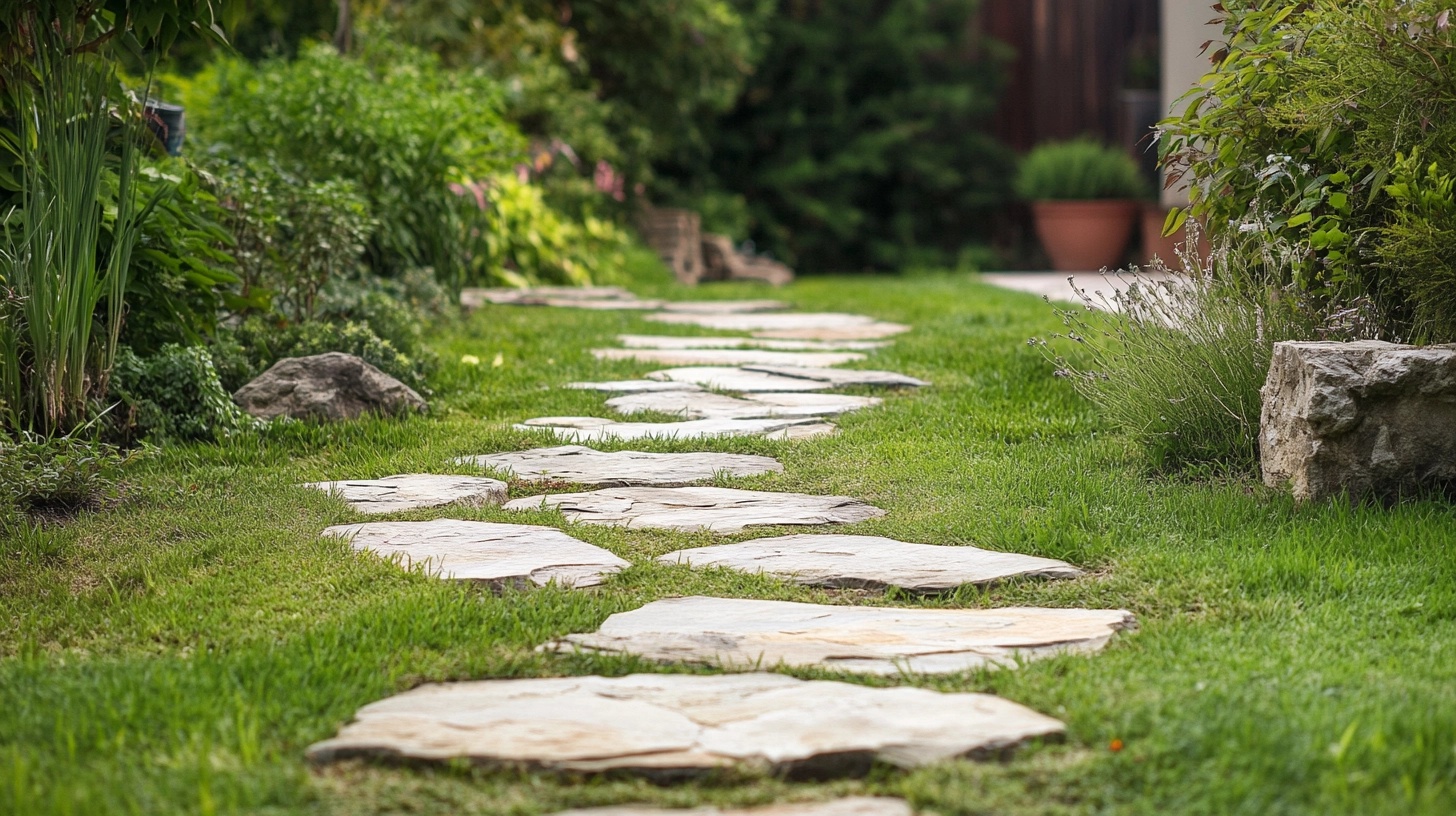 Rustic stone pathway winding through a garden