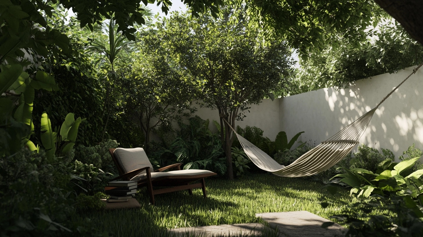 Secluded garden hideaway with hammock and chair