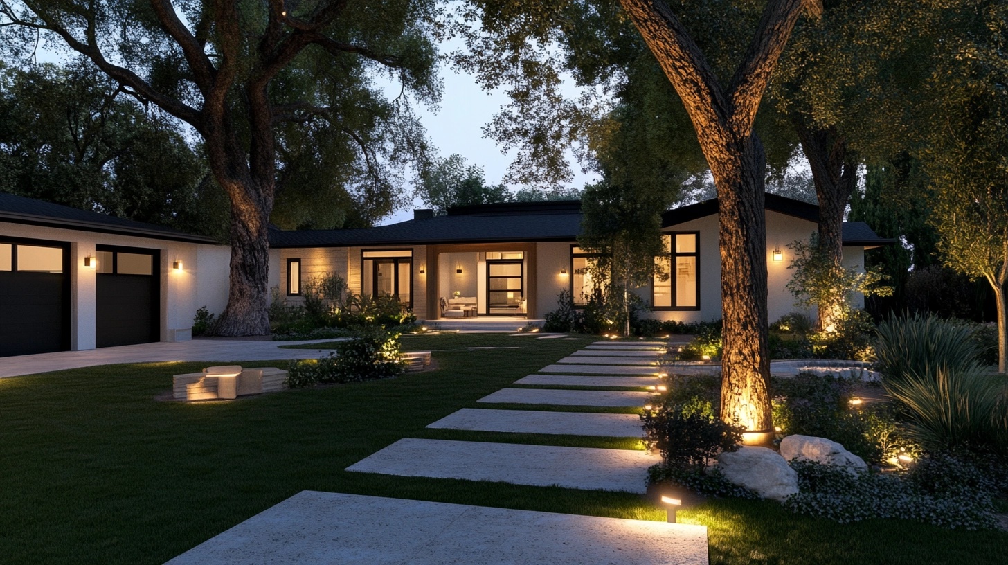 Front yard with landscape lighting at night