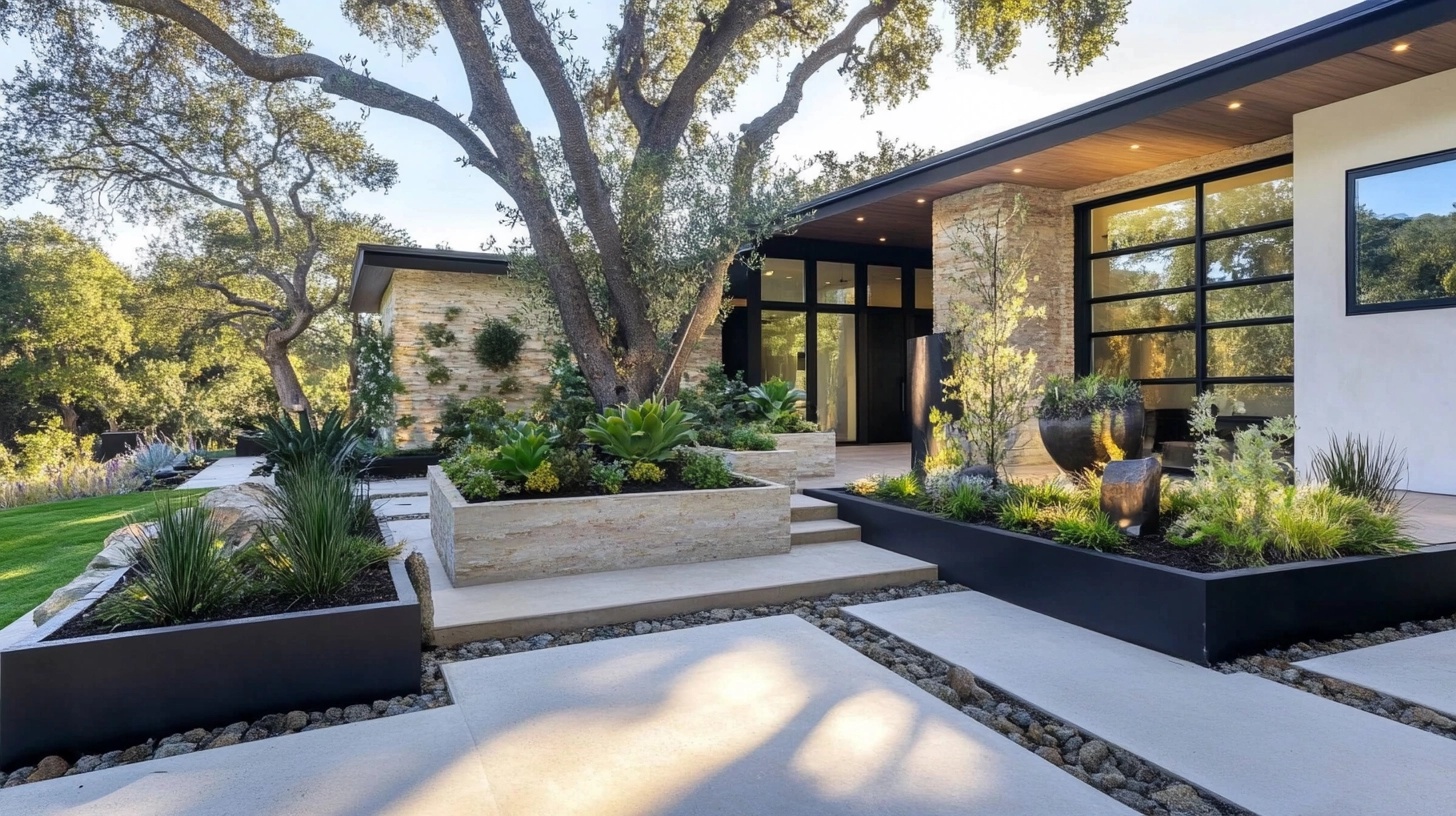 Front yard with small integrated water feature