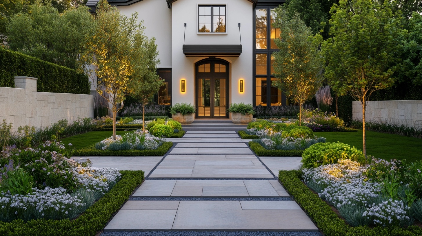 Symmetrical front yard landscaping with walkway