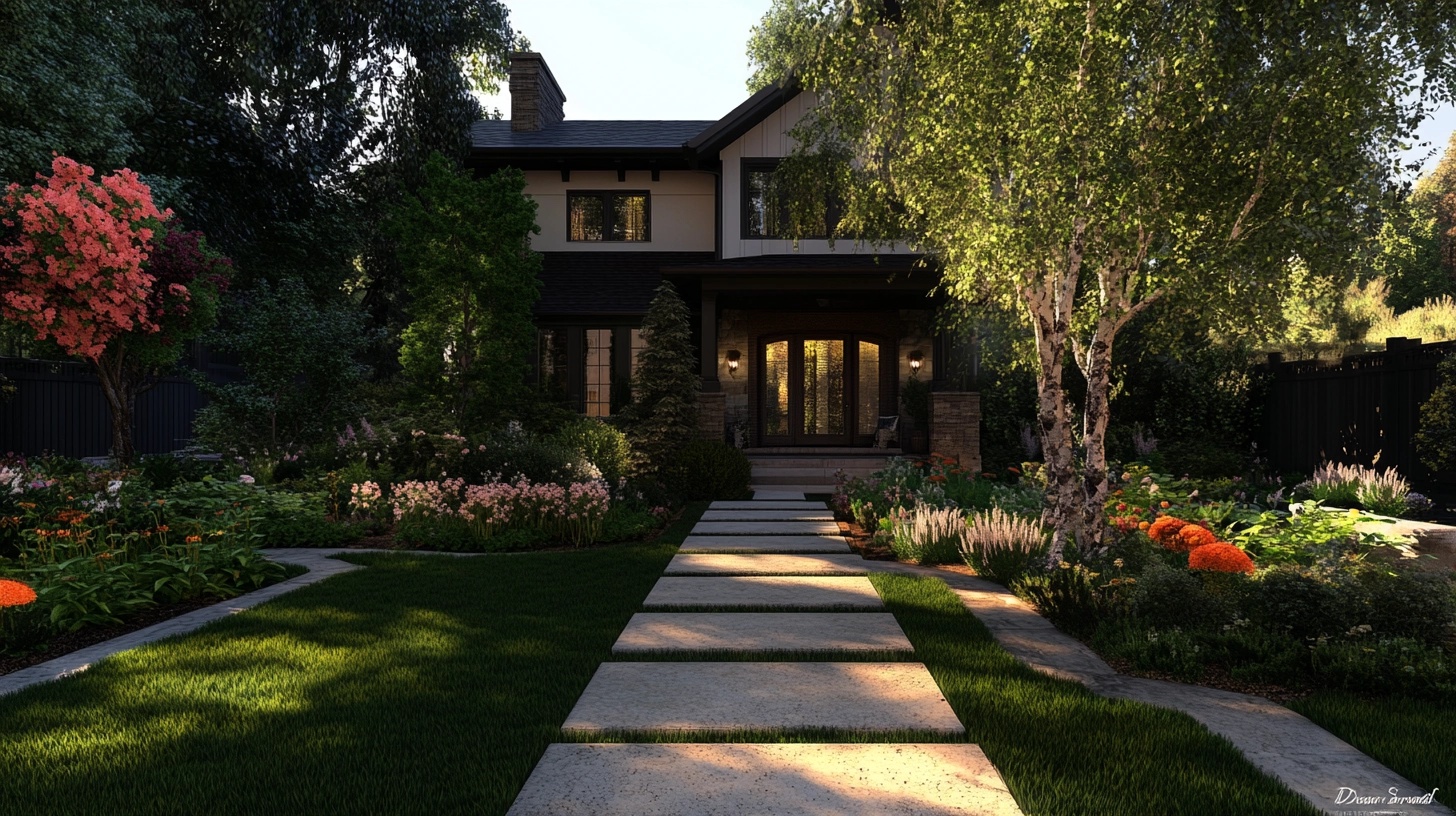 Mature trees incorporated into front yard landscaping