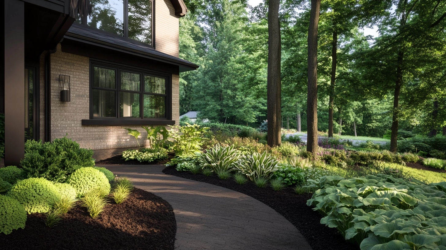 Shady front yard with hostas and ferns