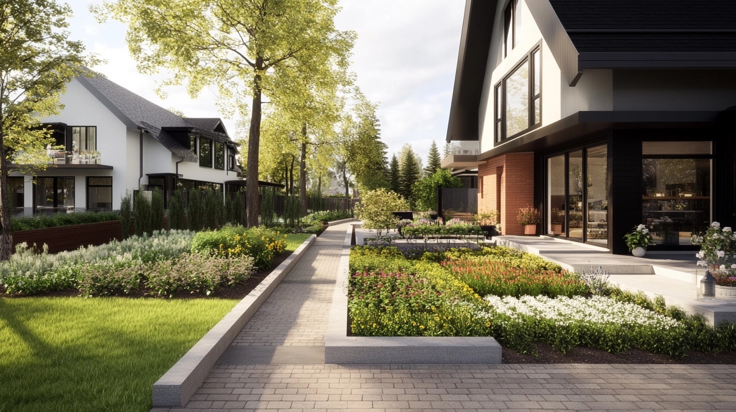 Wide walkway with flowerbeds