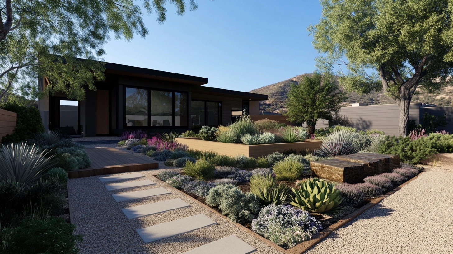 Front yard with rocks, water feature, and varied plants