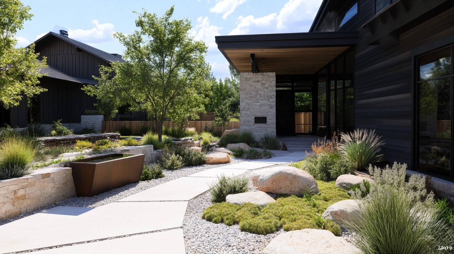 Front yard landscaping with clearly defined borders and walkways.