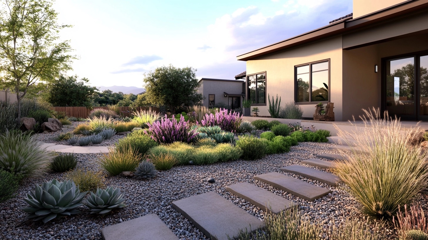 Modern desert landscaping with stone pathway, succulents, and ornamental grasses.