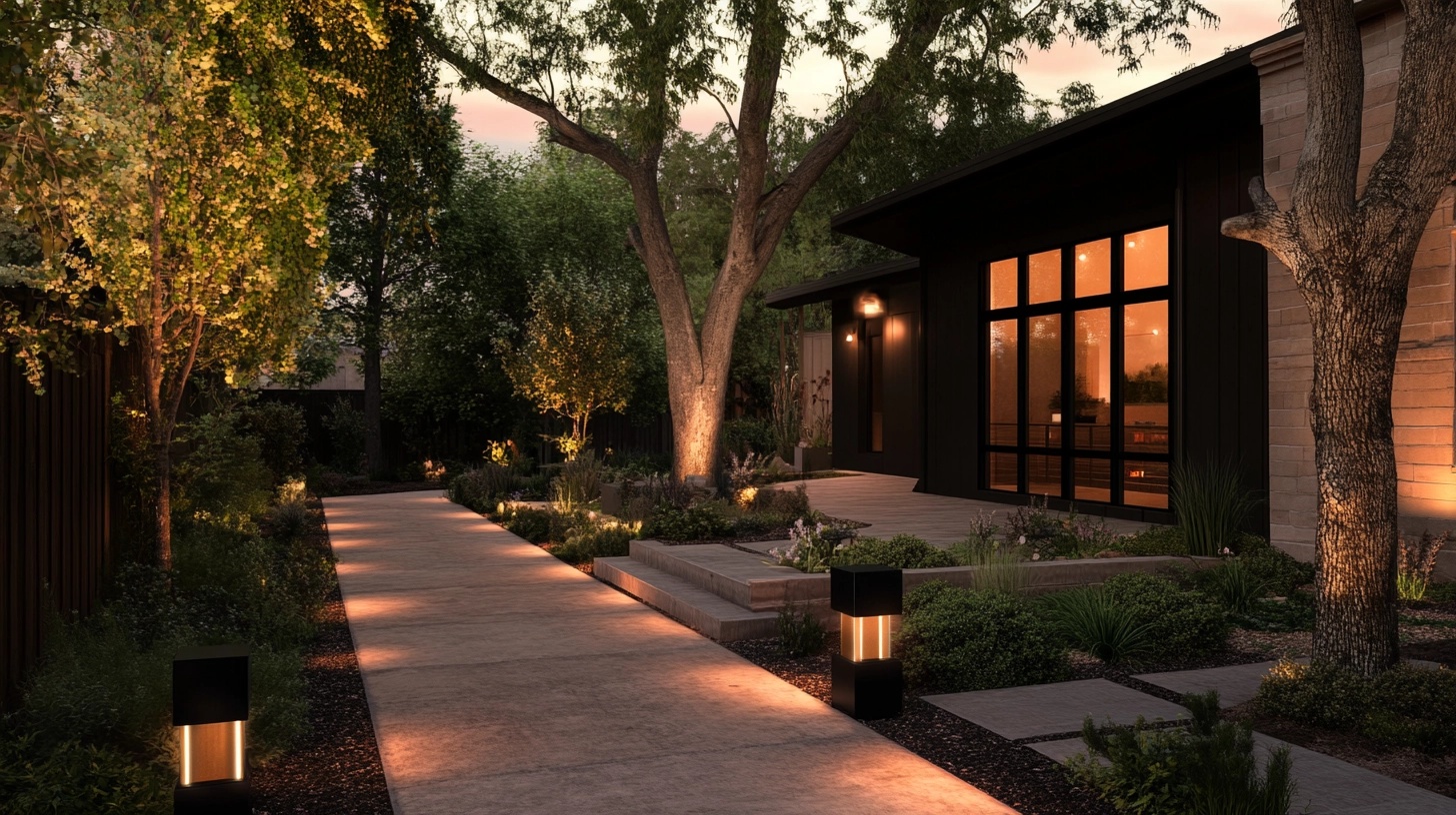 Front yard landscape with pathway lighting and accent lighting at dusk.