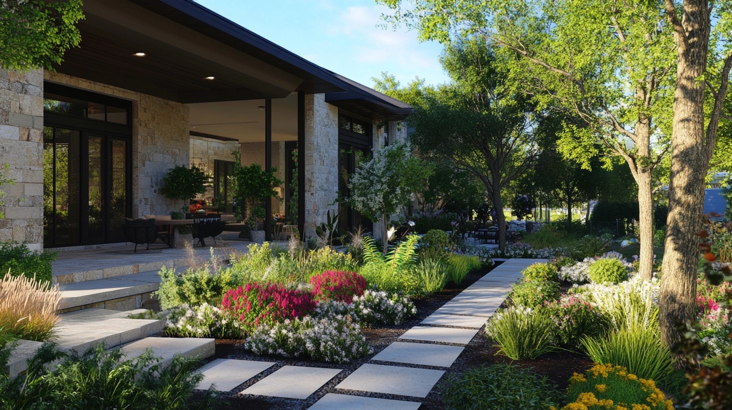 Front yard landscaping with a diverse mix of foliage textures, shapes, and colors.