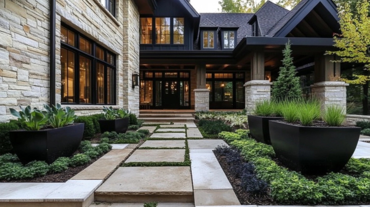 Front entrance with a variety of potted plants.