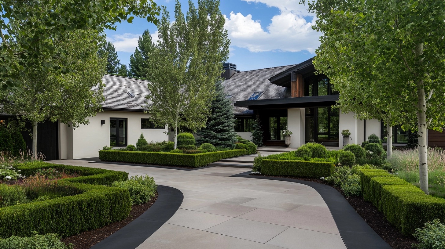 Symmetrical landscaping with shrubs flanking a walkway and front steps.