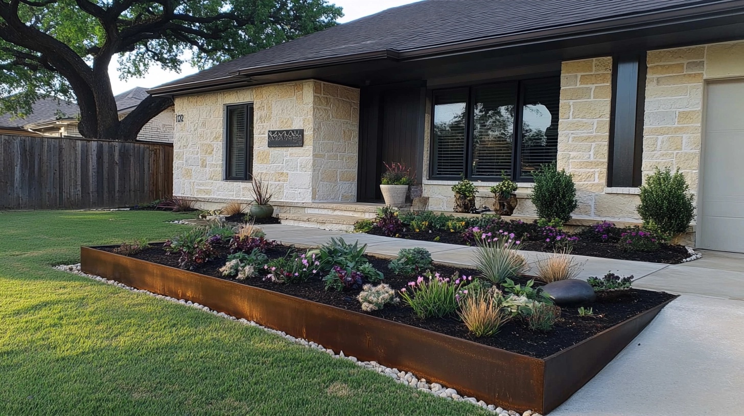 Newly landscaped front yard with metal edging.