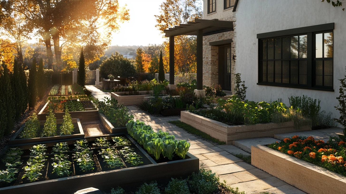 Front yard with raised garden beds filled with herbs and vegetables.