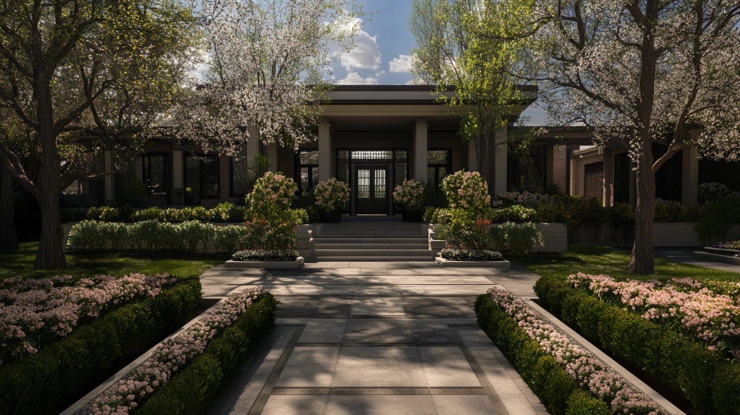 Symmetrical landscaping with shrubs flanking a walkway and front steps.