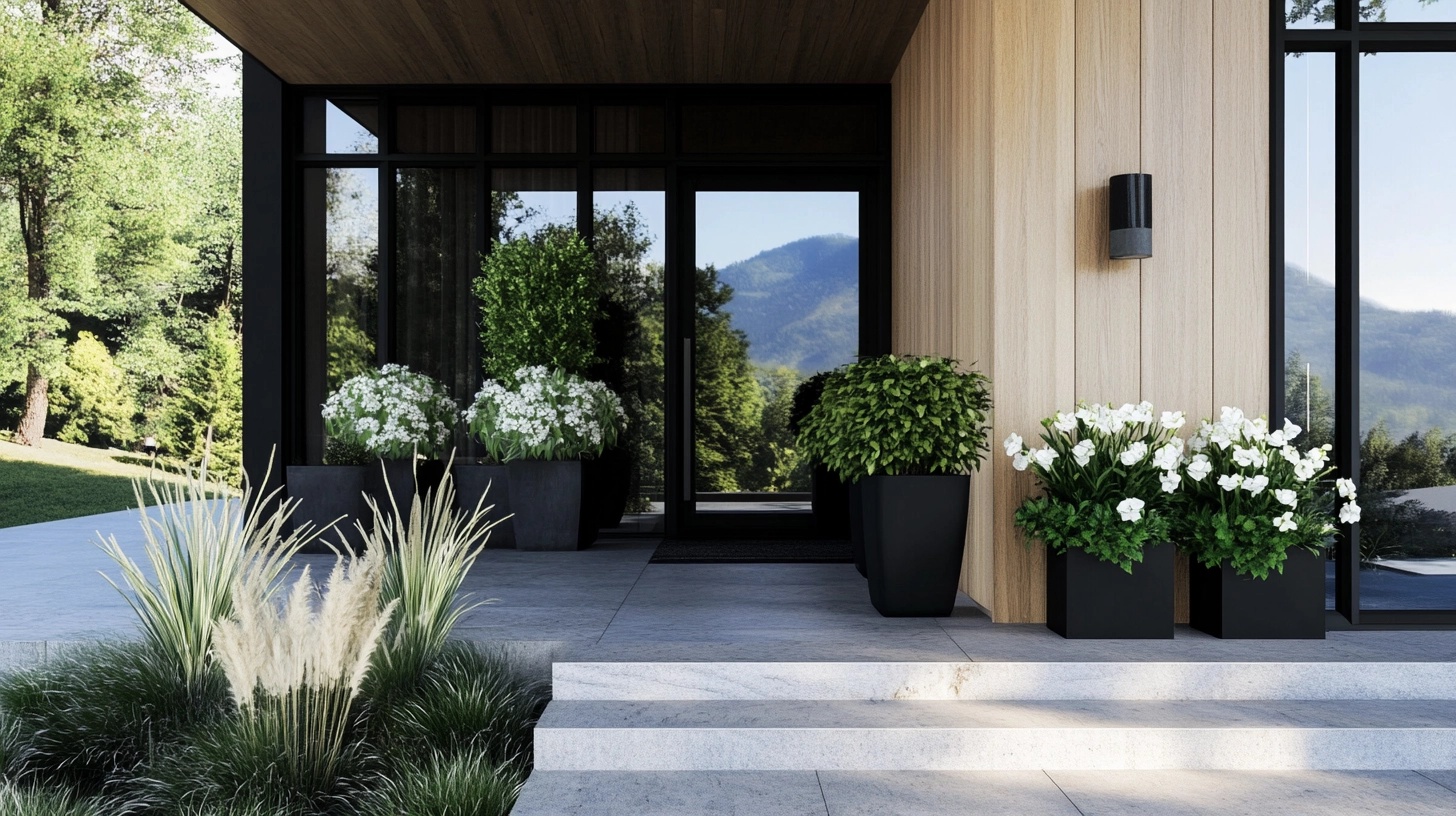 Front entrance with a variety of potted plants in different sizes and styles.