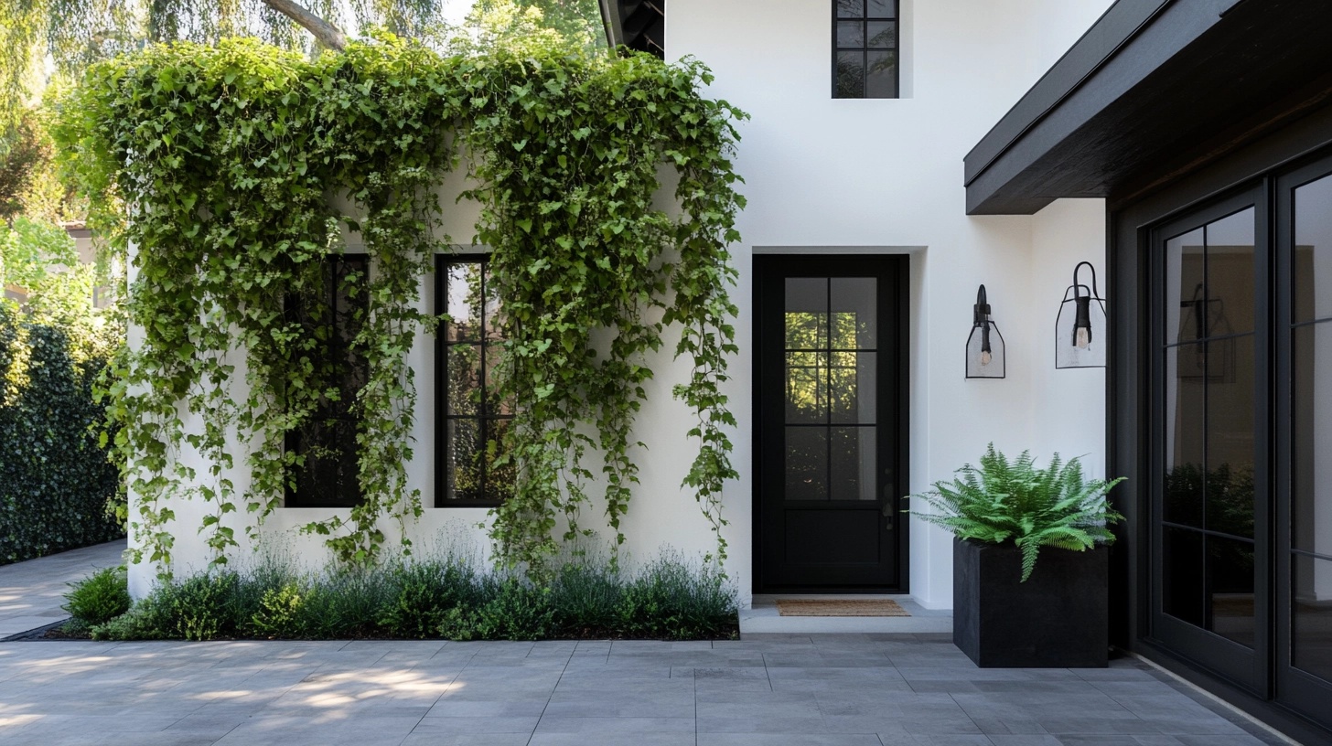 Climbing vines covering the wall of a house near the front entrance.