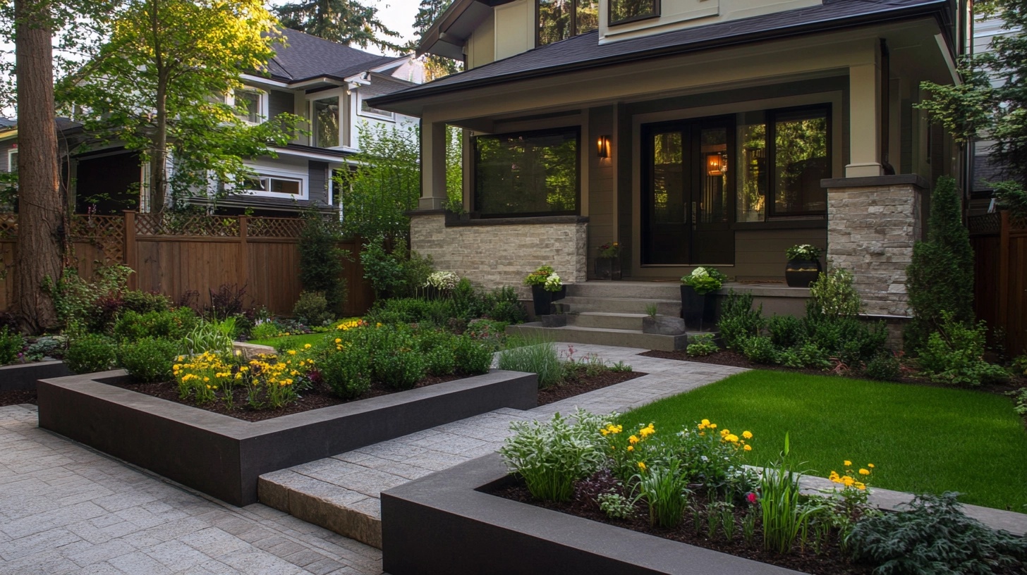 Front yard landscaping with well-planned foundation plantings and raised garden beds.