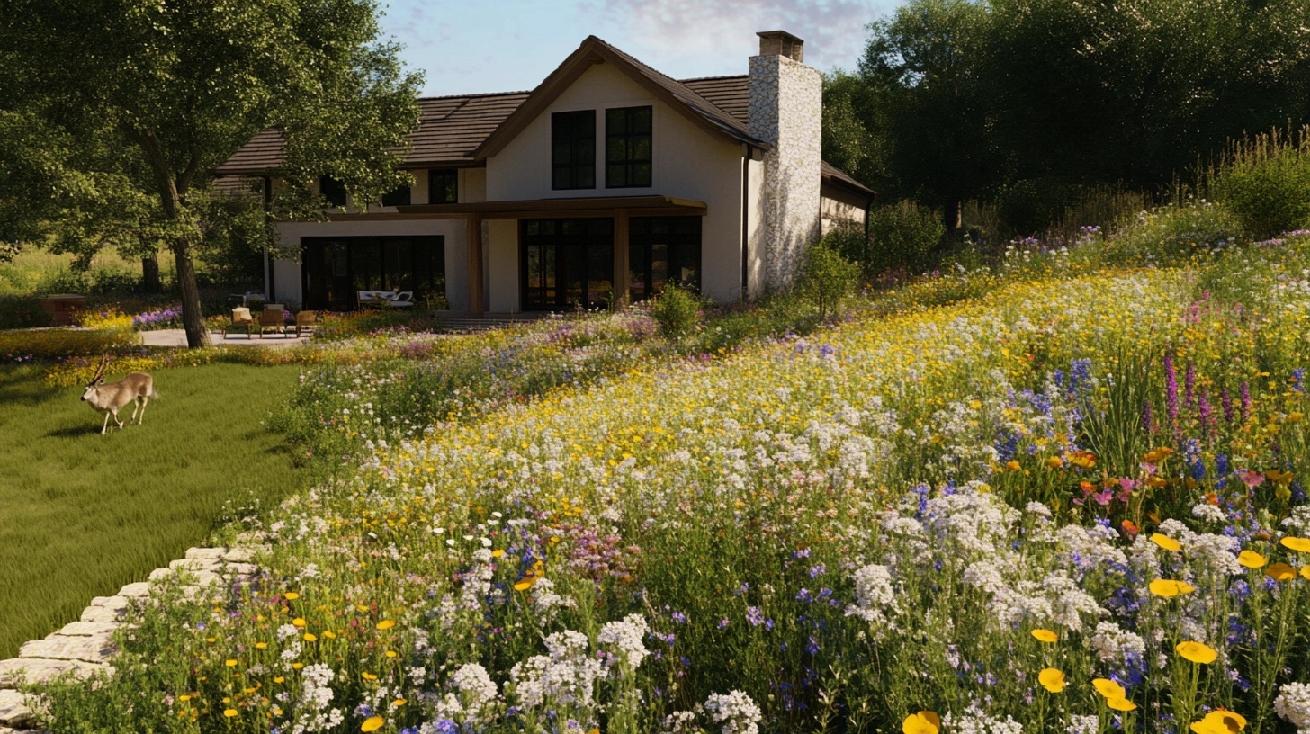 A front yard transformed into a wildflower meadow with a mix of native wildflowers.