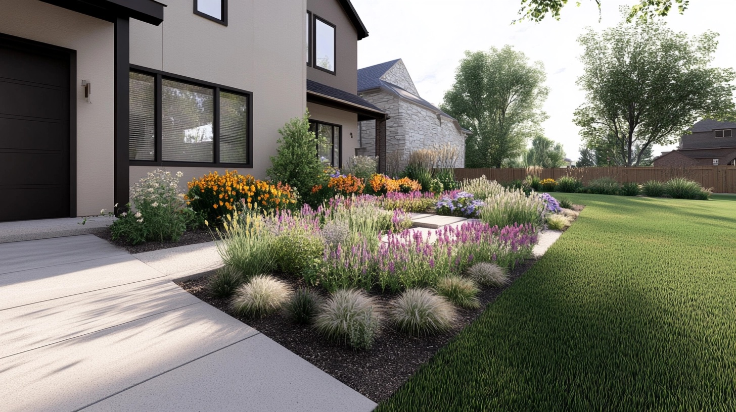 A low-maintenance front yard flower bed with a mix of drought-tolerant and perennial plants.