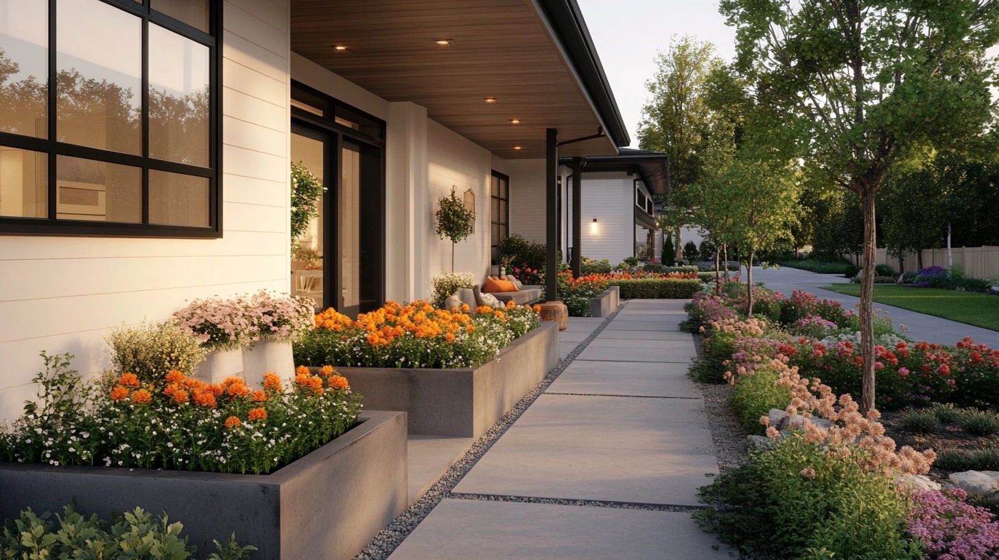 A front yard with raised flower beds made of stone, creating different levels and visual interest.