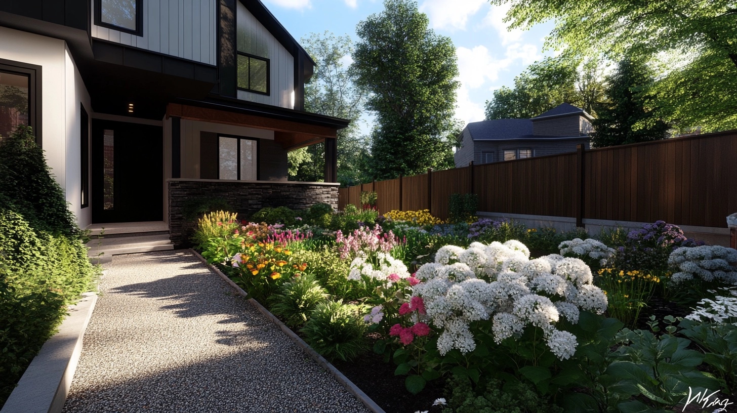 A front yard flower bed that combines ornamental flowers with edible herbs and vegetables.