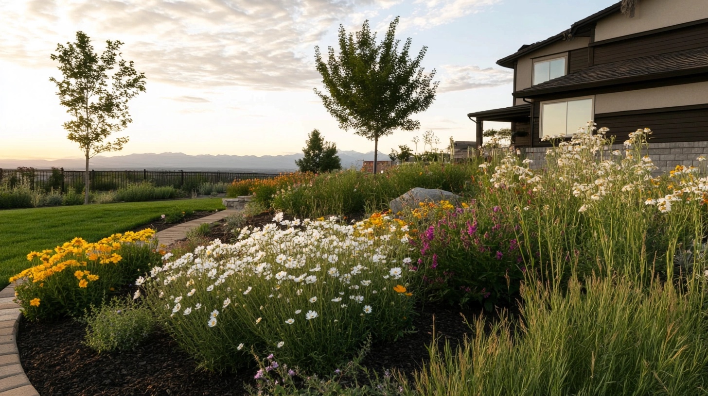 A shady front yard area with a flower bed featuring shade-tolerant plants with bright blooms and foliage.