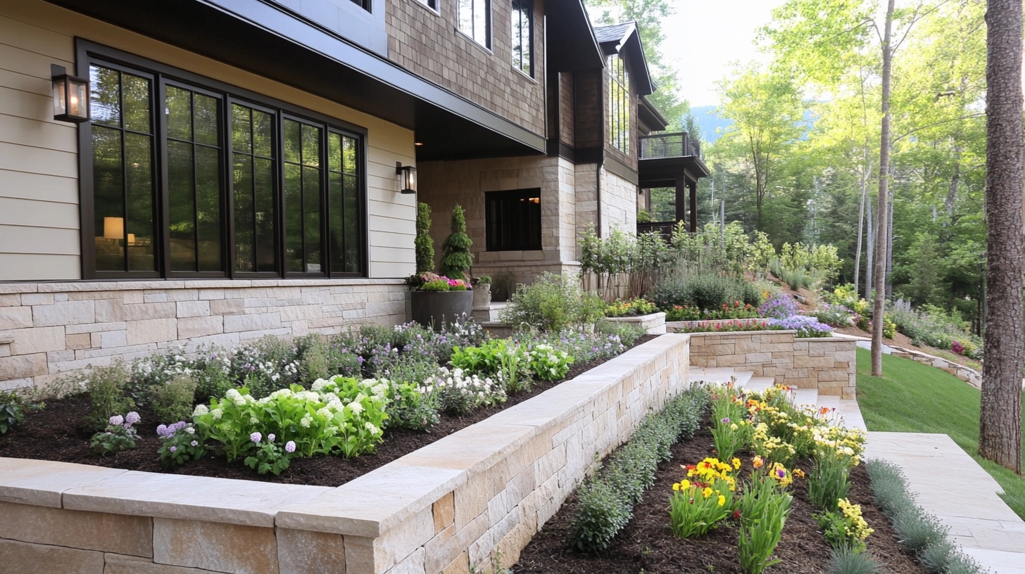 A drought-tolerant front yard flower bed featuring succulents, cacti, and other water-wise plants.