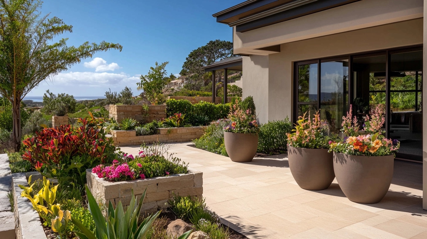 A front yard with a variety of colorful container gardens arranged on a patio.