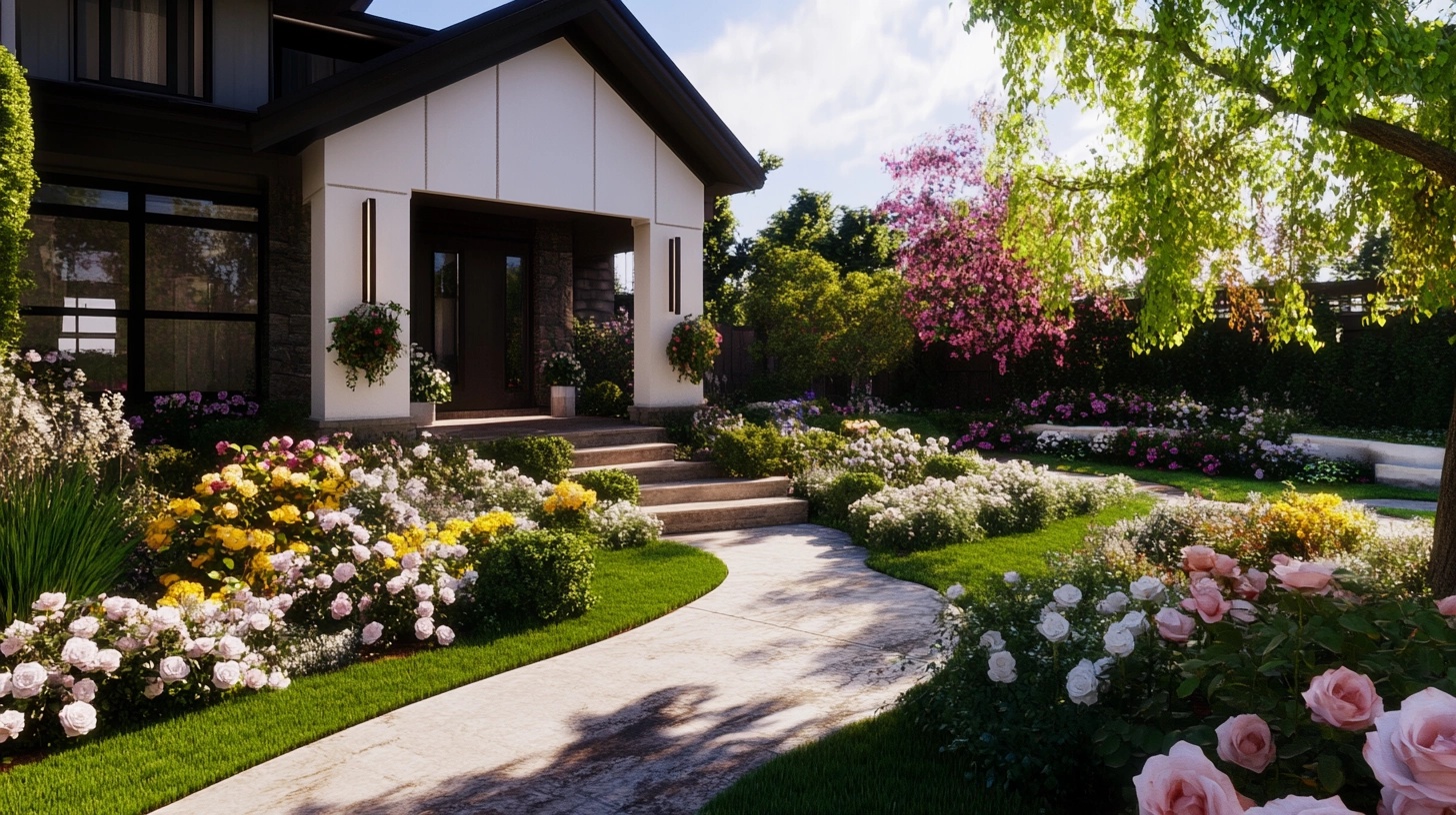 A front yard flower bed with a variety of plants that bloom at different times of the year, ensuring continuous color.