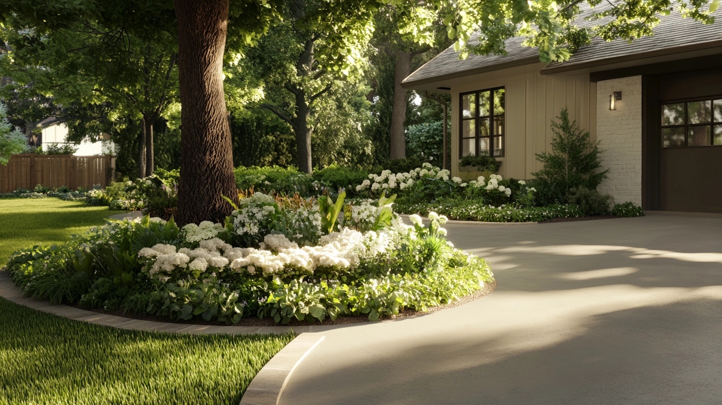 A small, compact front yard flower bed packed with colorful flowers and foliage, maximizing space.