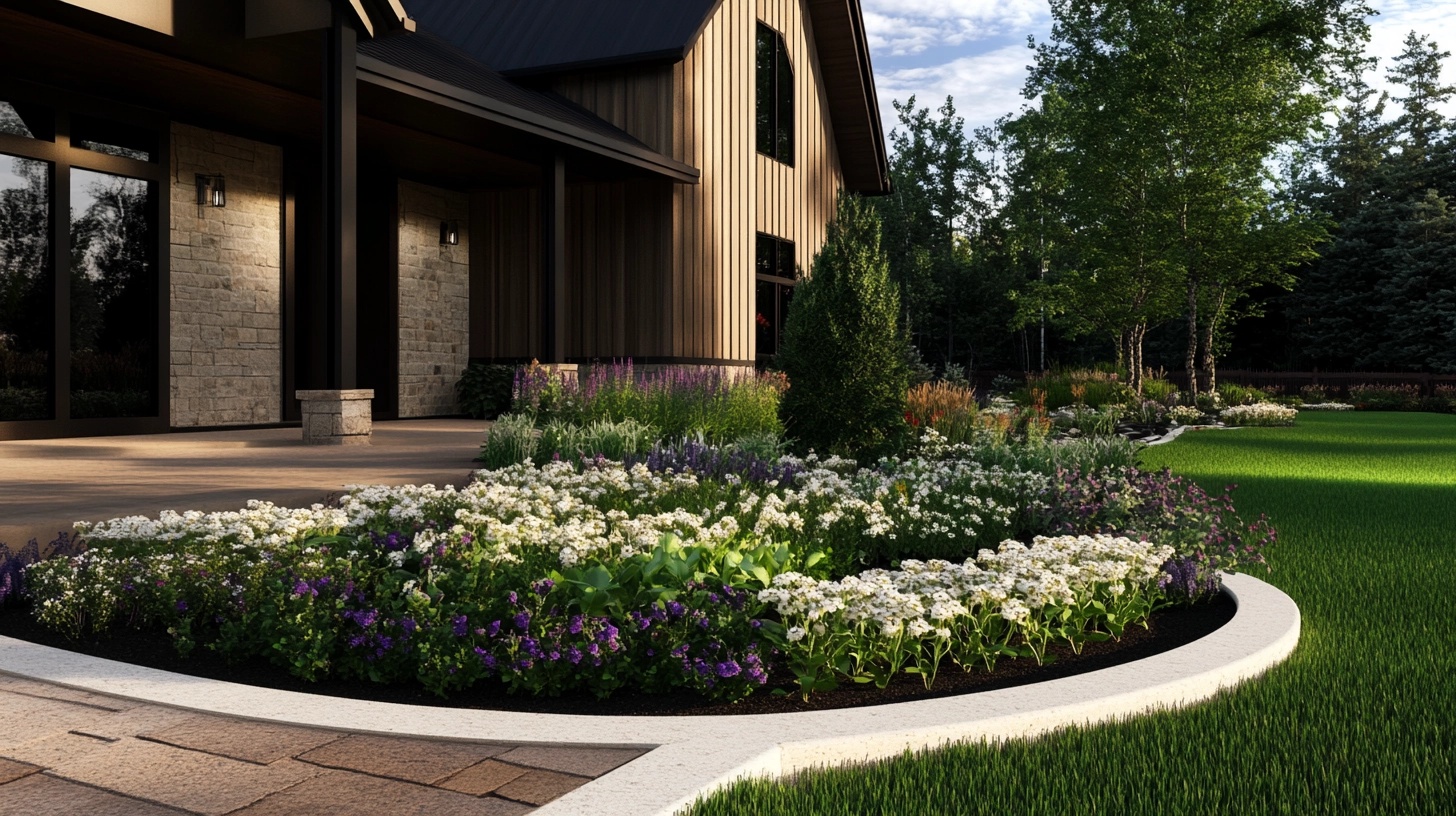 A modern, minimalist front yard with a clean-lined flower bed and a limited color palette.