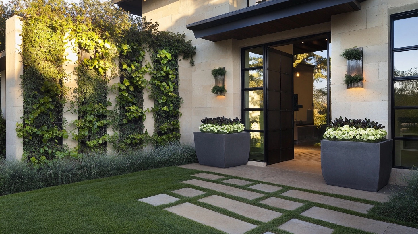 A front yard with vertical planters and climbing vines covering a wall, creating a lush, green display.