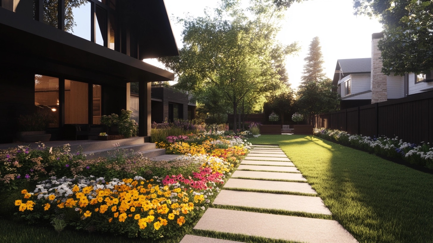 A front yard walkway lined with vibrant, colorful flower beds on both sides.