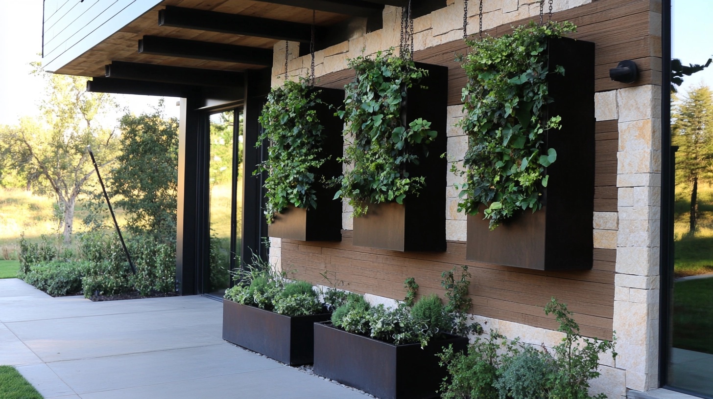 Vertical garden with hanging planters on a wall