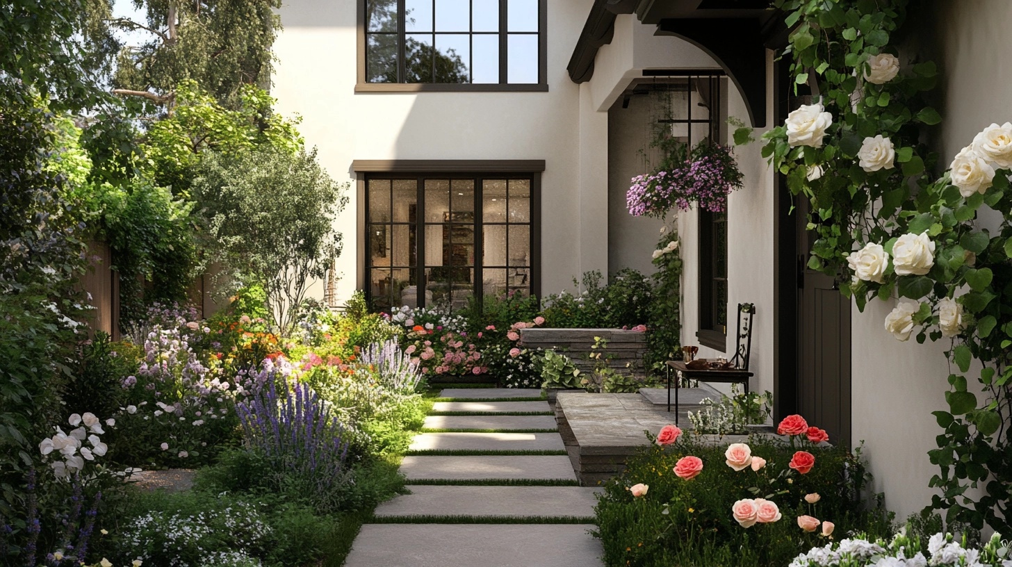 Front yard with a cottage-style garden and winding path