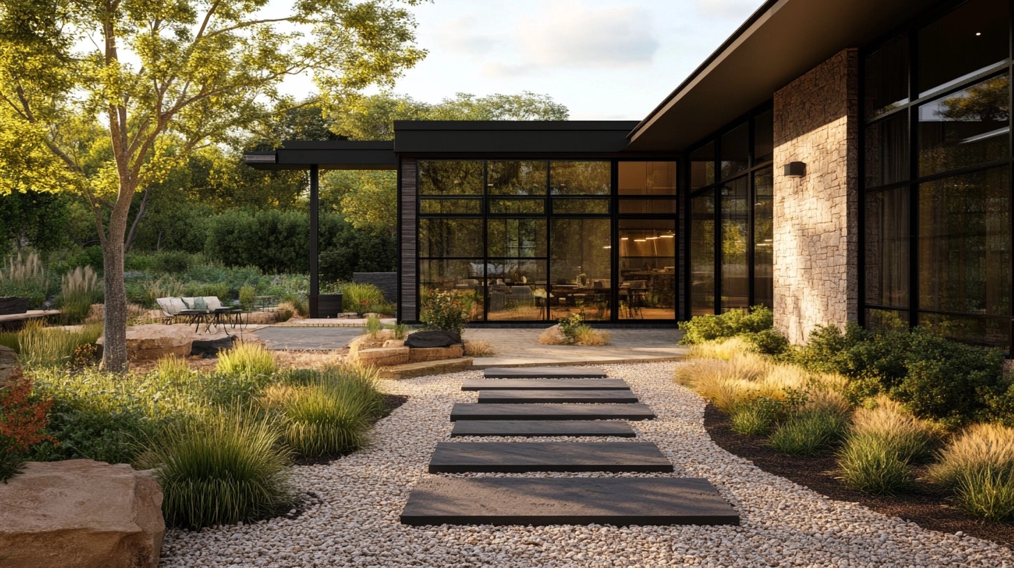 Front yard with a modern stepping stone pathway