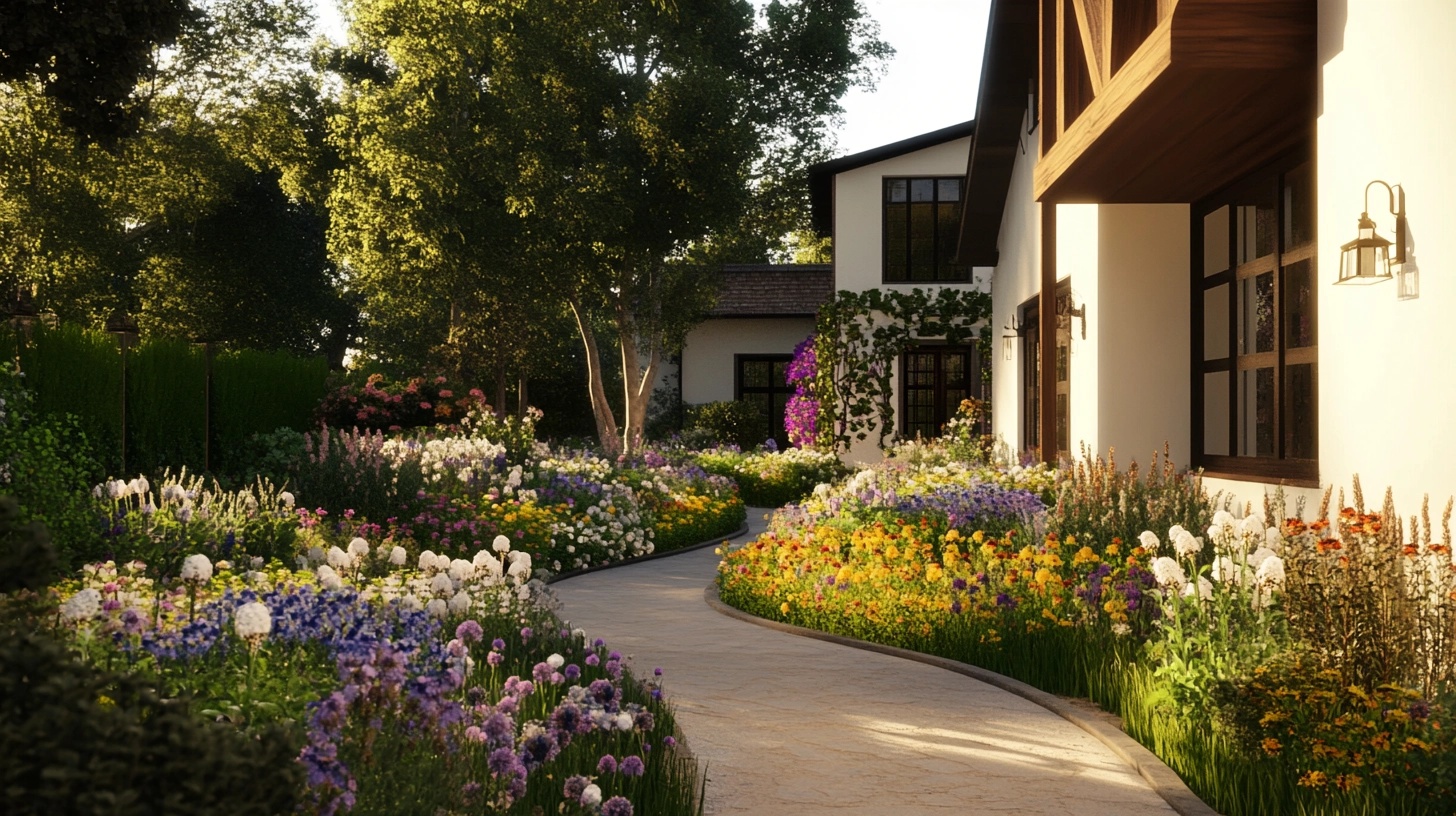 Front yard with a cottage-style garden and curving path