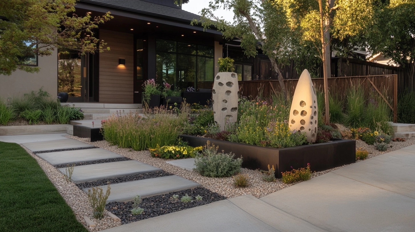 Front yard with unique garden art and decorative elements