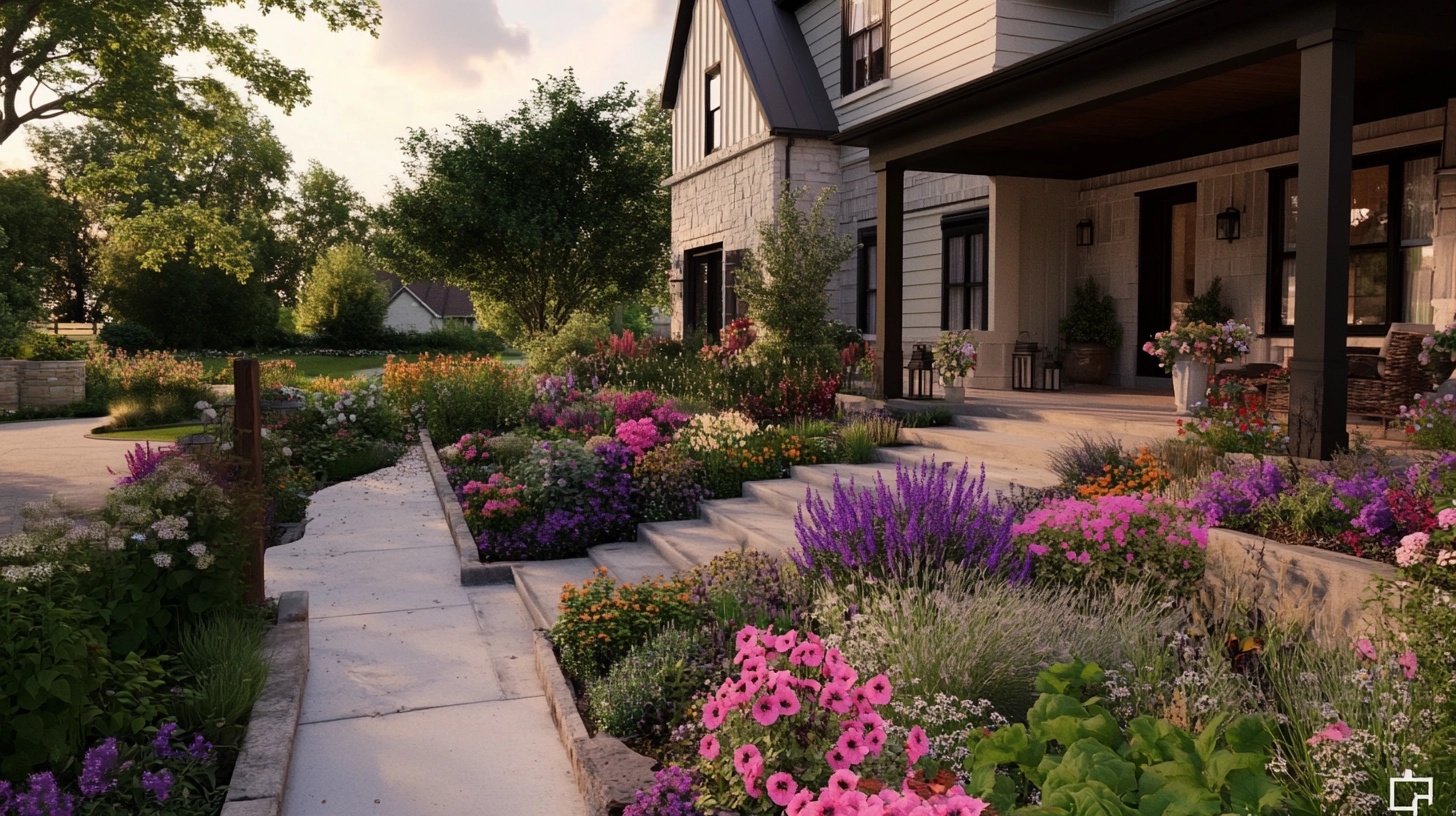 Colorful flower border garden along a walkway