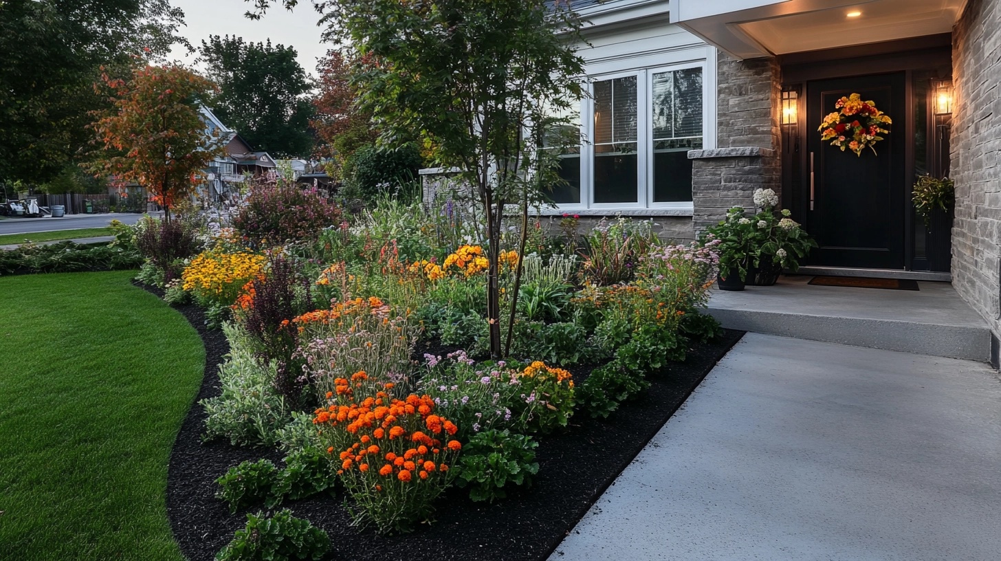 Multi-tiered front yard garden with coordinated colors