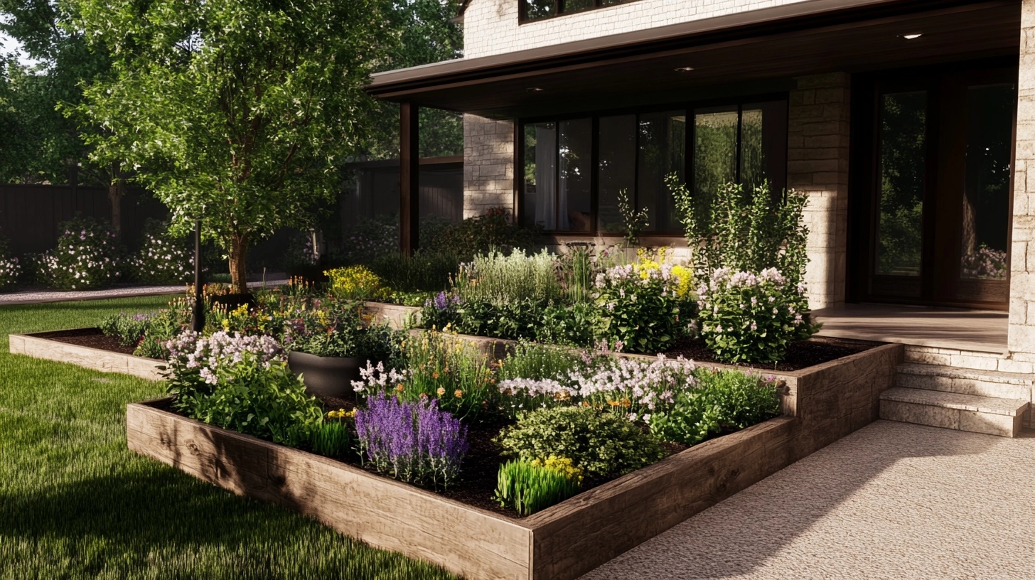 Front yard garden with evergreens and seasonal flowers