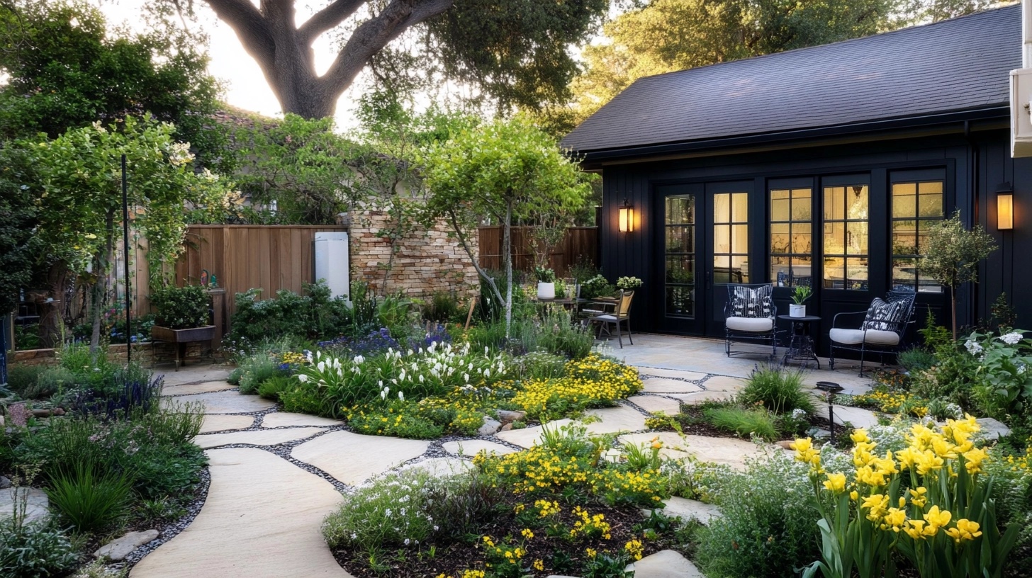 Front yard with a winding stone pathway