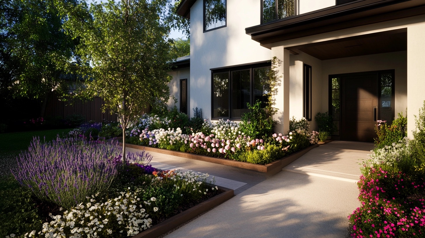 Well-maintained flower bed with white, pink, and purple flowers