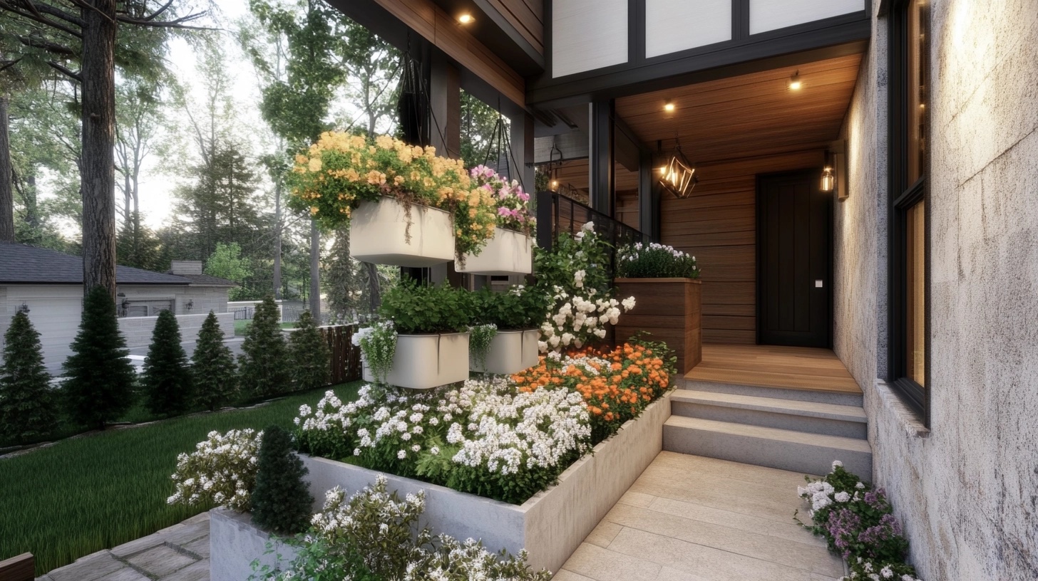 Tiered planters with white and orange flowers