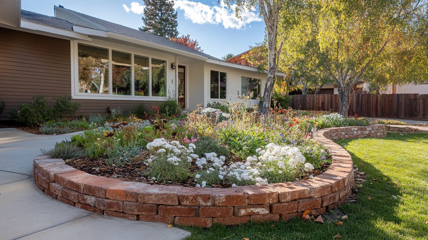 Rounded brick flower bed with a variety of colorful flowers