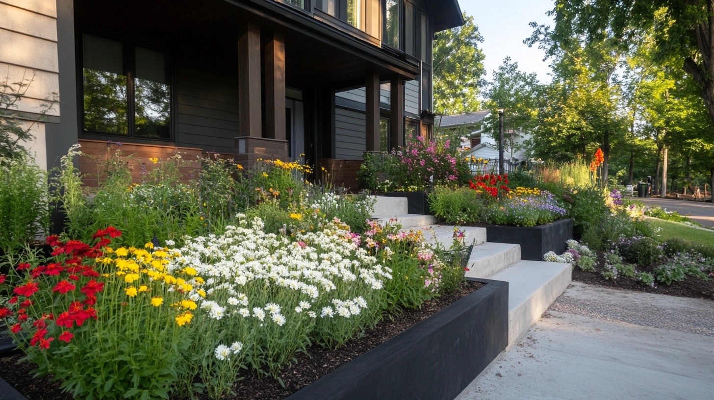 Flower bed with red, yellow, and white flowers of varied heights