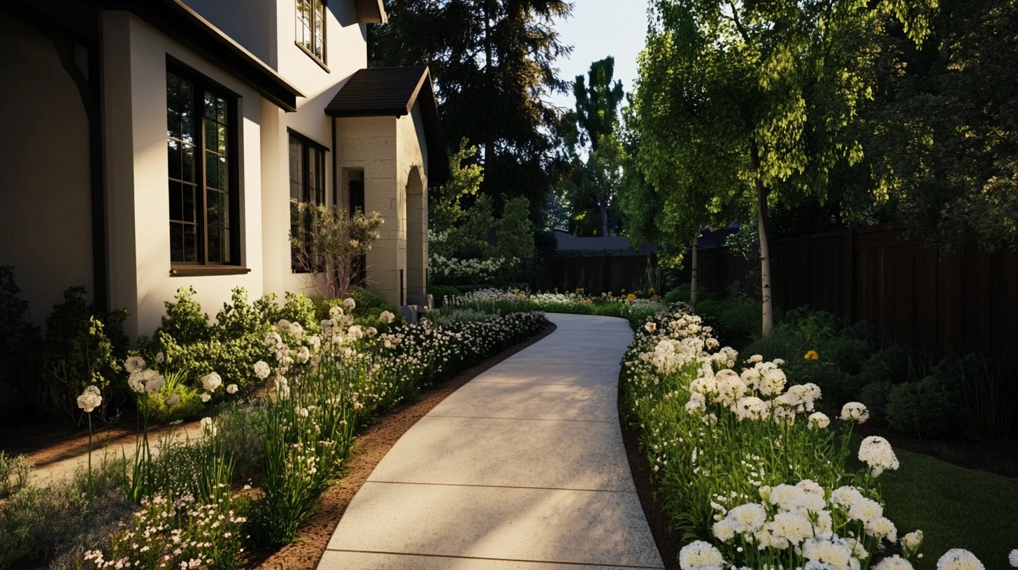 Flower bed lining a concrete pathway