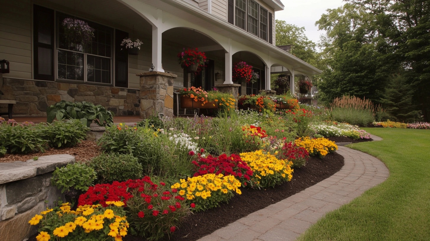 Curved brick path with a variety of flowers