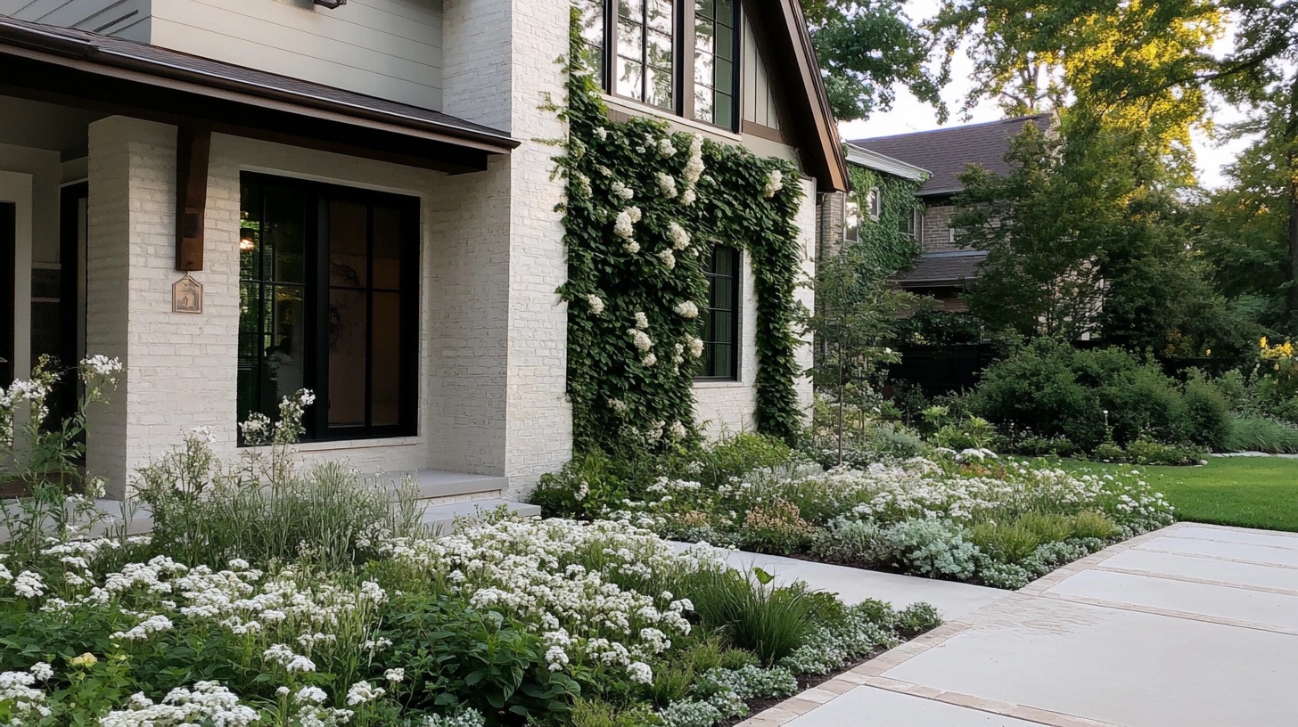 Climbing white flowers on a house wall